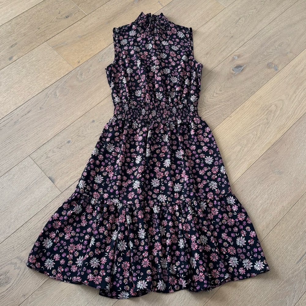 Nanette Lepore Black Floral Mock-Neck Midi Dress with Pink Blossoms - Picture 4 of 10